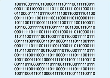 Estructura de código binario. Cada ocho dígitos equivale a un byte. Sería casi imposible representar gráficamente un kilobyte en una imagen.